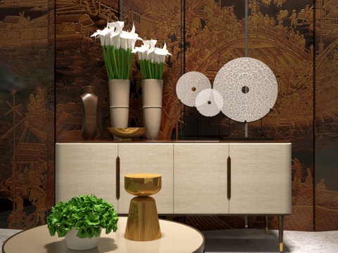  新中式屏风装饰柜3d模型 