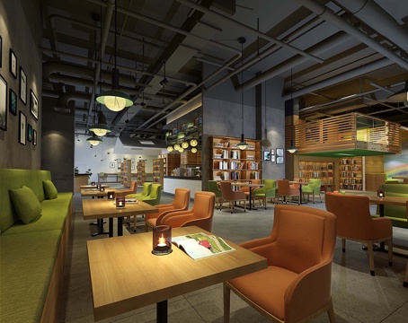  现代书吧 吊灯 书桌椅 沙发椅 挂画 书柜 物件摆件3d模型 