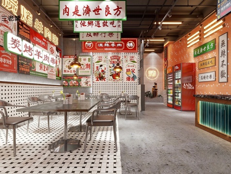 工业风复古餐厅 中餐厅 餐桌椅组合 烧烤店su模型