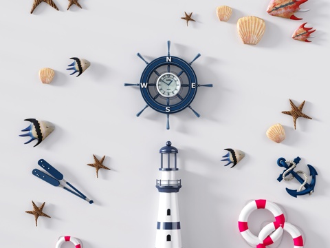  欧式简约墙饰挂件救生圈船舵船锚灯塔海星海鱼3d模型 