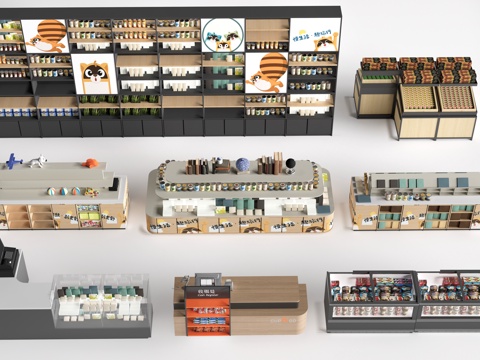 现代超市货架 零食店货架 置物架 文创展架su模型