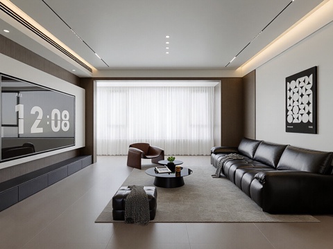  现代意式家居客厅 沙发茶几组合 地毯 电视墙 盆栽 落地灯3d模型 