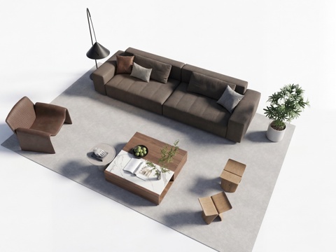 现代意式沙发组合_沙发茶几_客厅沙发_皮质沙发_多人沙发su模型