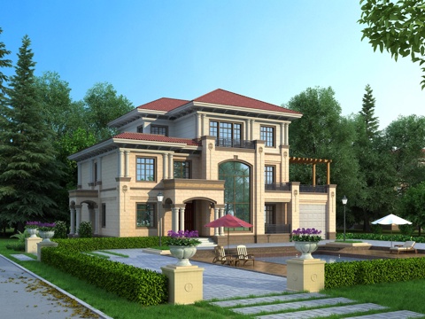  简欧别墅外观 泳池 躺椅 遮阳伞3d模型 