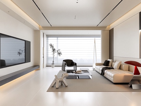  现代简约家居客厅  沙发茶几组合 地毯 电视墙 盆栽 落地灯3d模型 