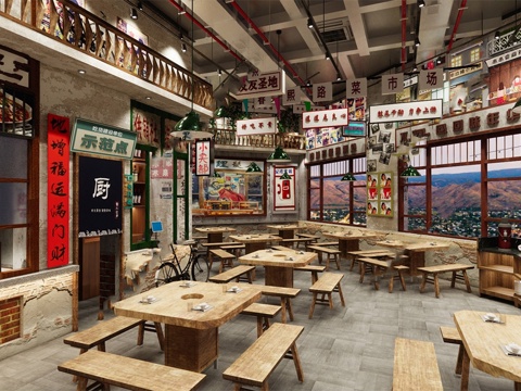 复古怀旧中餐厅 民国复古餐厅 复古餐饮 餐桌椅su模型