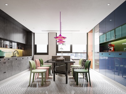  现代混搭撞色餐厨一体3d模型 