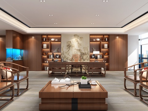  新中式经理办公室 董事长办公室 办公桌椅组合 沙发茶几组合3d模型 