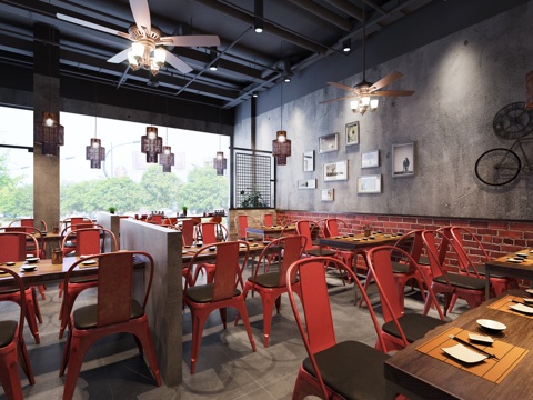  工业风餐厅 餐桌椅 吊灯 壁画3d模型 