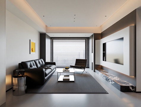  现代意式家居客厅 沙发茶几组合 地毯 电视墙 盆栽 落地灯3d模型 