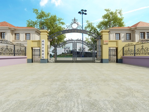  外景门头 敬老院 欧式铁门 铁艺 别墅外观3d模型 