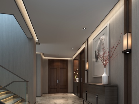  新中式别墅玄关 楼梯 挂画 壁灯 置物柜 物件摆件3d模型 