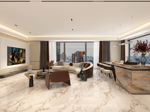  轻奢客餐厅 异形沙发 岛台餐桌 酒柜 电器高柜 影视墙3d模型 