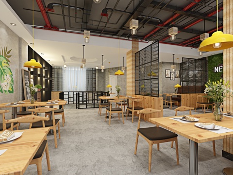  现代北欧工业风奶茶店 吊灯 管道灯 桌椅组合 植物墙 卡3d模型 