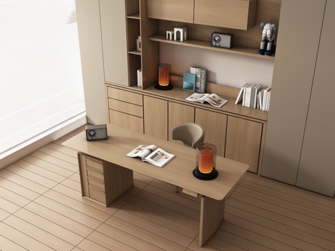  现代原木书房 书桌椅  办公桌椅 摆件组合 书柜su模型su模型 