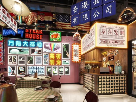 中式港式茶餐厅 餐桌椅组合 老香港摆件 霓虹灯 复古灯牌 收su模型