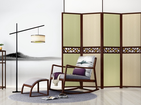  新中式摇椅 脚踏 屏风 四折屏风3d模型 