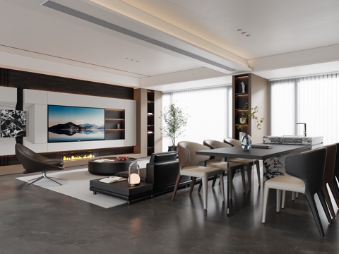 现代意式客餐厅 沙发茶几 电视背景墙 餐桌椅 地毯su模型