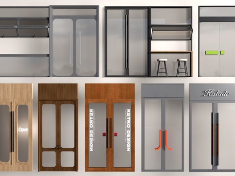 现代店铺玻璃门 咖啡厅门 奶茶店玻璃门 玻璃双开门su模型