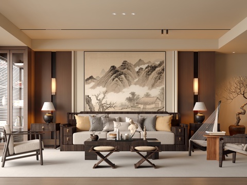  新中式宋式风客厅3d模型 