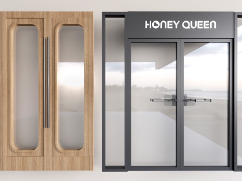 现代店铺玻璃门 咖啡厅门 奶茶店玻璃门 玻璃双开门su模型