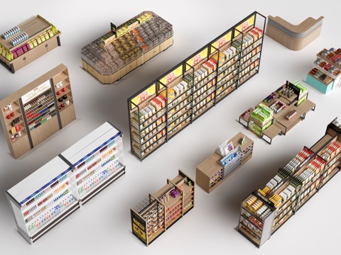现代超市货架 零食店货架 置物架 文创展架su模型
