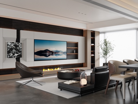  现代意式客餐厅 沙发茶几 电视背景墙 餐桌椅 地毯3d模型 