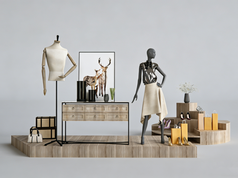 侘寂风衣帽间展示角 买手店角落场景 人体模特 抽屉柜 行李箱su模型