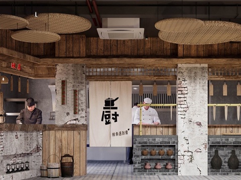 中式怀旧农家乐餐厅 复古餐厅 农家乐酒店su模型