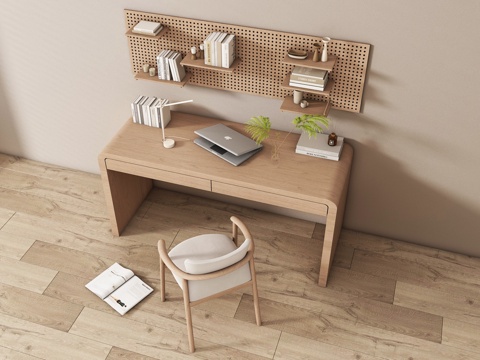  现代原木书房 书桌椅  办公桌椅 摆件组合su模型 