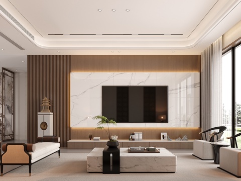  新中式客厅  新中式沙发 新中式背景  新中式电视背景3d模型 