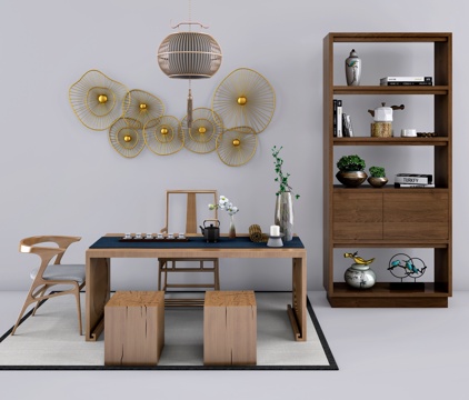  新中式书桌椅子装饰柜摆件组合3D模型3d模型 