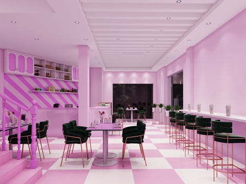  现代粉色奶茶店  奶茶店3d模型 