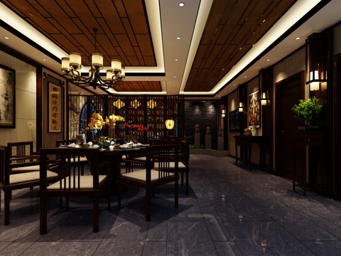  新中式茶室会所 餐厅 茶桌 博古架 拴马庄中式吊灯壁灯挂画3d模型 