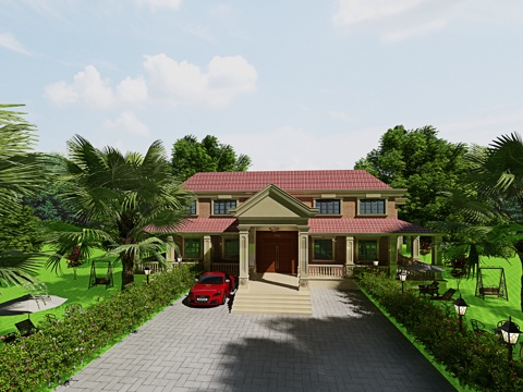  经典欧式别墅外建 树 汽车 户外灯 门 琉璃瓦3d模型 