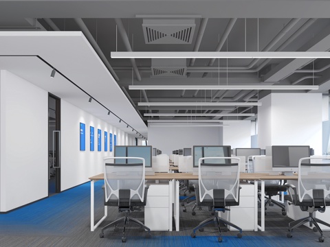  现代公共办公室 开放办公区 办公桌椅 洽谈间 长条灯3d模型 