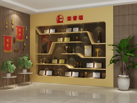  现代荣誉墙 奖状 奖杯 锦旗组合3d模型 