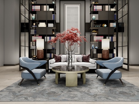  新中式书架 书 摆件 单人沙发椅 沙发 抱枕 树 新中式3d模型 