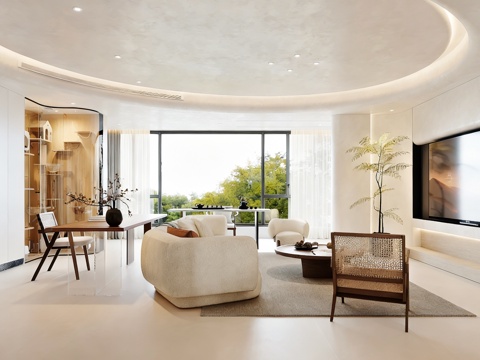  奶油风大平层客厅 沙发茶几组合3d模型 