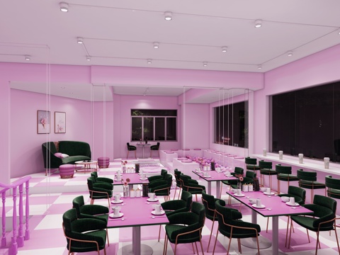  现代粉色奶茶店  奶茶店  波波池  鹅卵石  挂画3d模型 