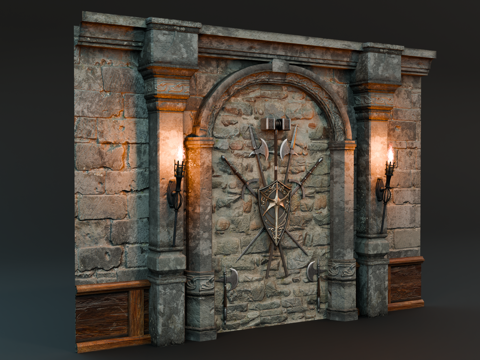 中世纪盾牌武器 中世纪墙饰 复古墙饰 欧式墙饰 火把壁灯su模型