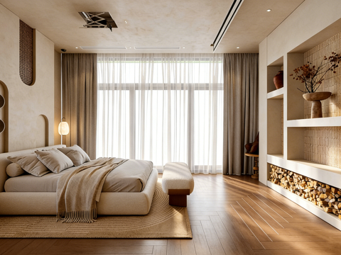  原木奶油风卧室套房 民宿客房 单身公寓 藤编衣柜 软包床 壁3d模型 