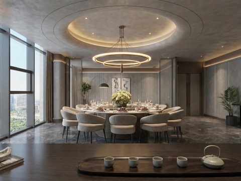  现代包厢_餐桌椅_吊灯_沙发_茶几_窗帘 餐厅包房su模型 