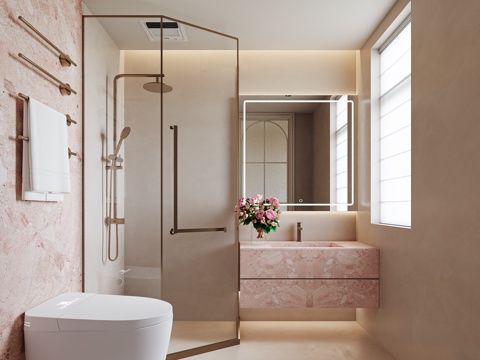  现代女儿房卫生间 粉色卫生间 粉色大理石 一体盆 马桶 花洒3d模型 