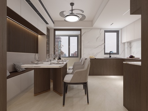  现代客餐厅 卡座餐厅 风扇灯 开放式厨房3d模型 