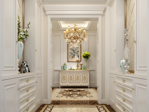  欧式简约玄关 橱柜 吊灯 玄关柜 饰品 拼花3d模型 