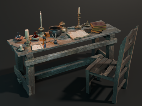 中世纪书桌 破旧书桌 复古办公桌 实木桌椅 中世纪办公桌用品su模型