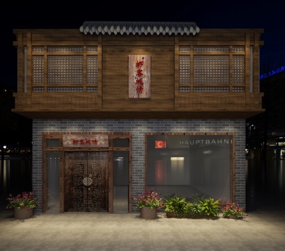  传统中式餐饮木质门头3d模型 