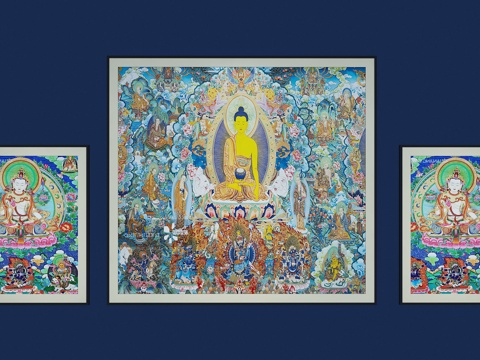  禅意中式佛像挂画组合3d模型 