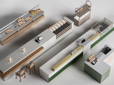 现代咖啡吧台 甜品店货架 收银台 服务台su模型